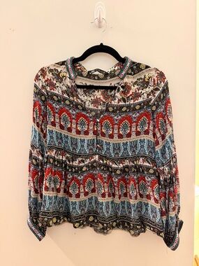 Boho Printed Peasant Blouse - Red Multi